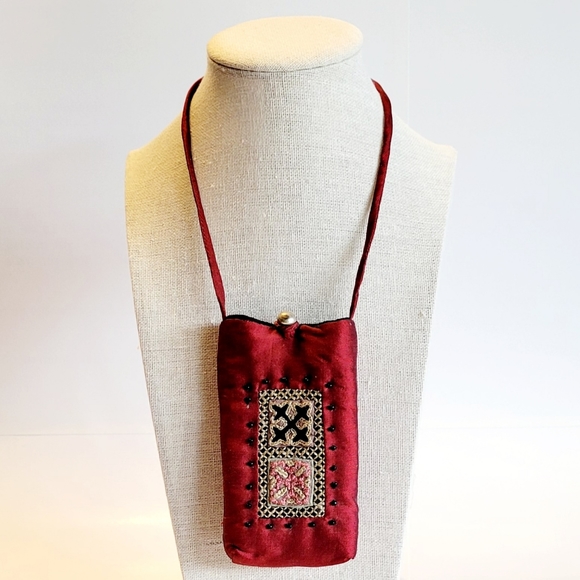 Pouch, Silk Crossbody with Silver Button Closure and Embroidered Detail F… - Picture 1 of 7